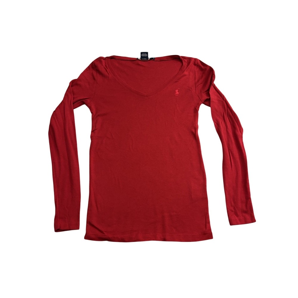 Ralph Lauren Sport V-Neck Long Sleeve Tee Womens L Red‎ Excellent Pima Cotton